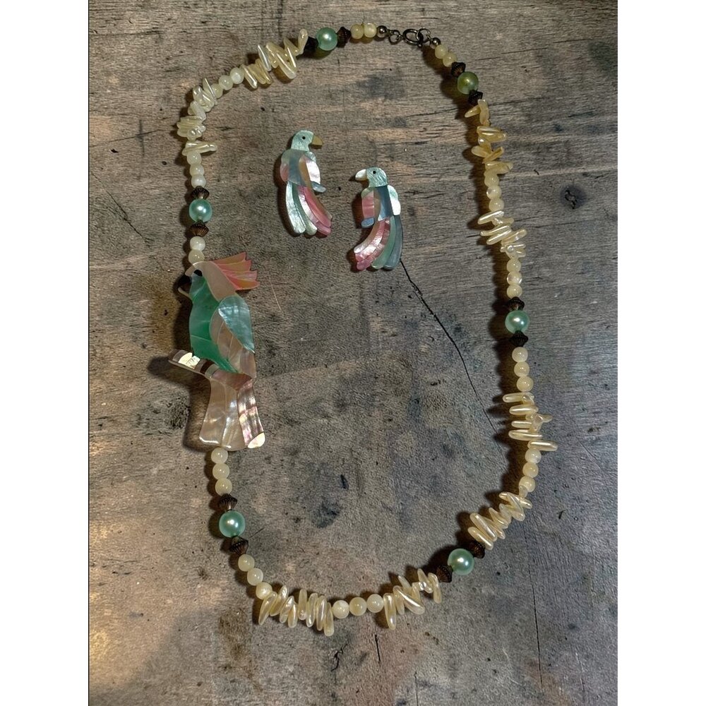 Vintage Parrot Mother of Pearl Inlay Necklace & Earrings Set With Shell & Beads